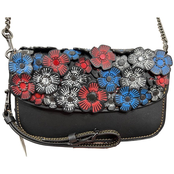 NWT Coach Tea Rose Leather Clutch Wristlet Black Red White Blue 58181 RARE!! - Picture 8 of 13